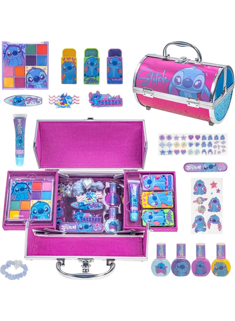 Stitch by Townley Girl Cosmetic Makeup Train Case Set Includes Lip Gloss, Shadows, Brushes, Nail Polishes, Hair Clips, Tattoos, Accessories & More! for Girls Ages 3+ Perfect for Parties, Sleepovers - Image 1